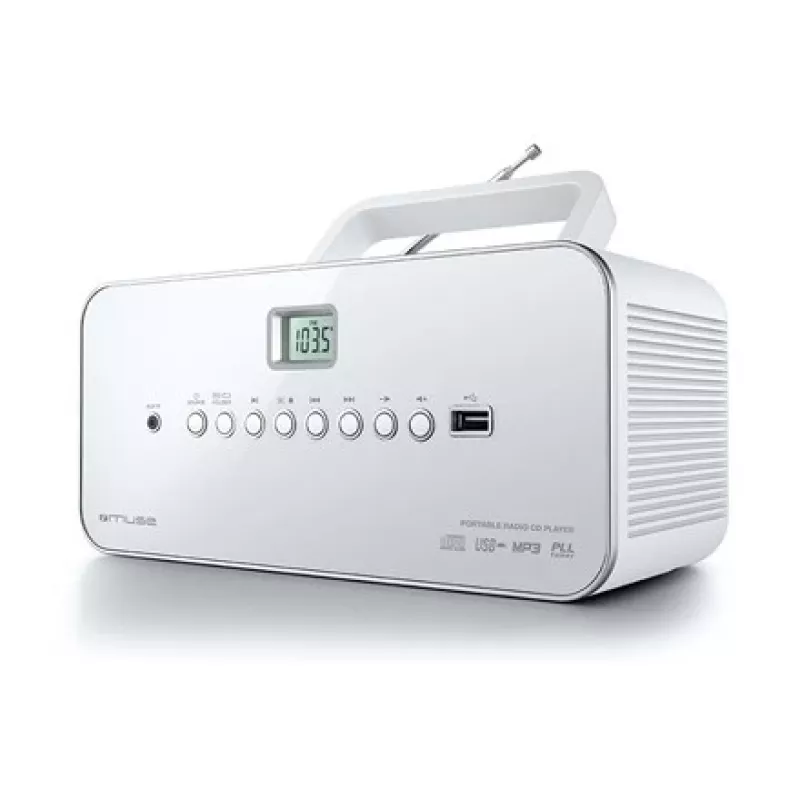 Kantav stereosüsteem Muse M-28RDW — CD/MP3-mängija, FM/MW-tuuner, 3 W RMS, valge, 1,4 kg