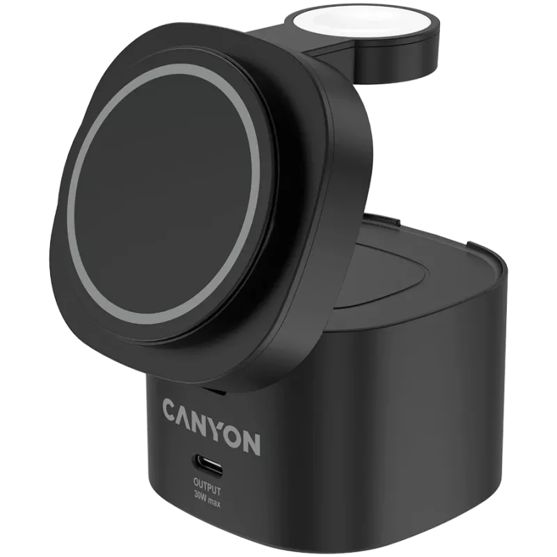 Canyon 4-in-1 juhtmeta laadimisalus, max 30W, mõõdud: 70x70x70,3 mm, kaal: 414 g, koos 65W laadija ja 1M kaabliga, must
