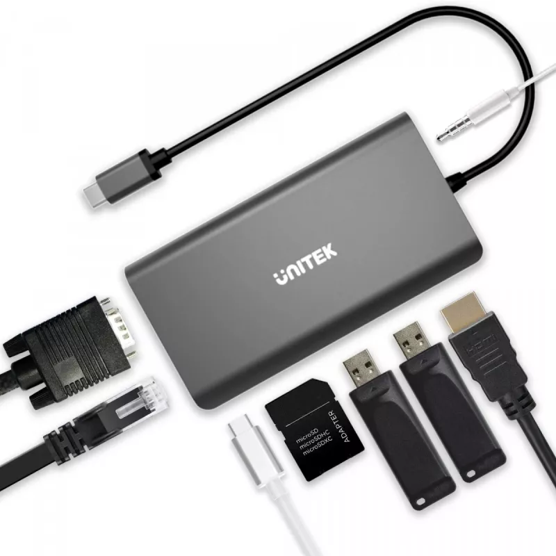UNITEK uHUB O8+ Juhtmega USB 3.2 Gen 1 Type-C Hall 100W toiteedastusega