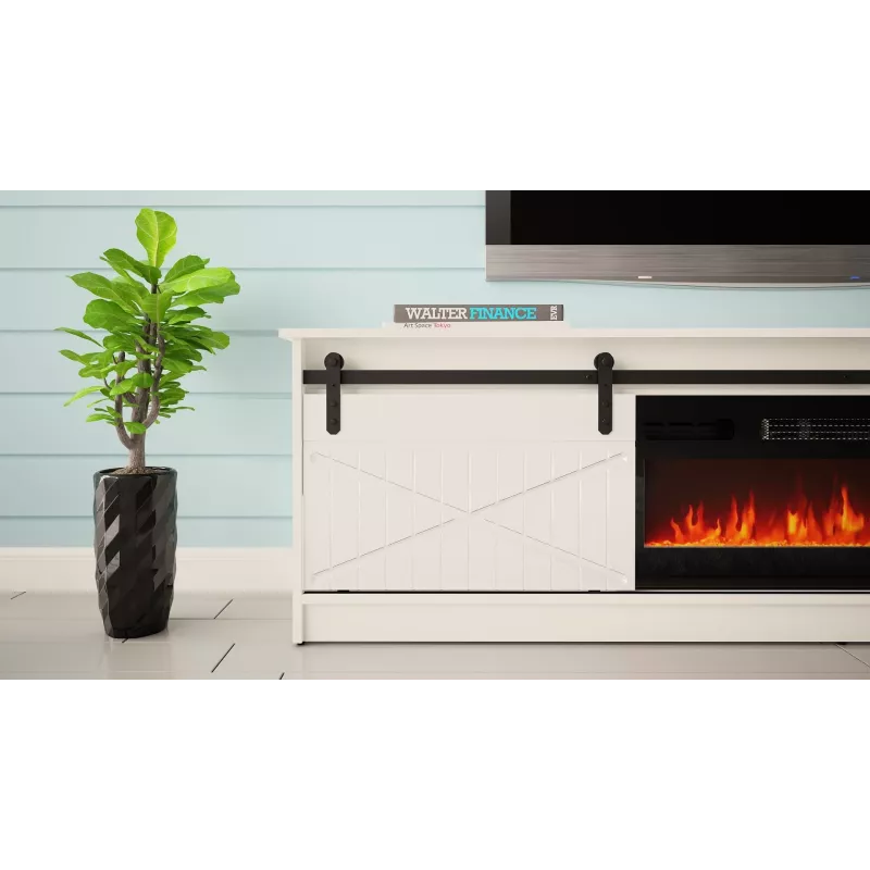 Telerikapp integreeritud elektrikaminaga Cama Meble GRANERO mudel RTV GRANERO + KOM B/B, 200x56.7x35 cm, valge/läikvalge, 2 ust, 2 riiulit, MDF/puitlaastplaat