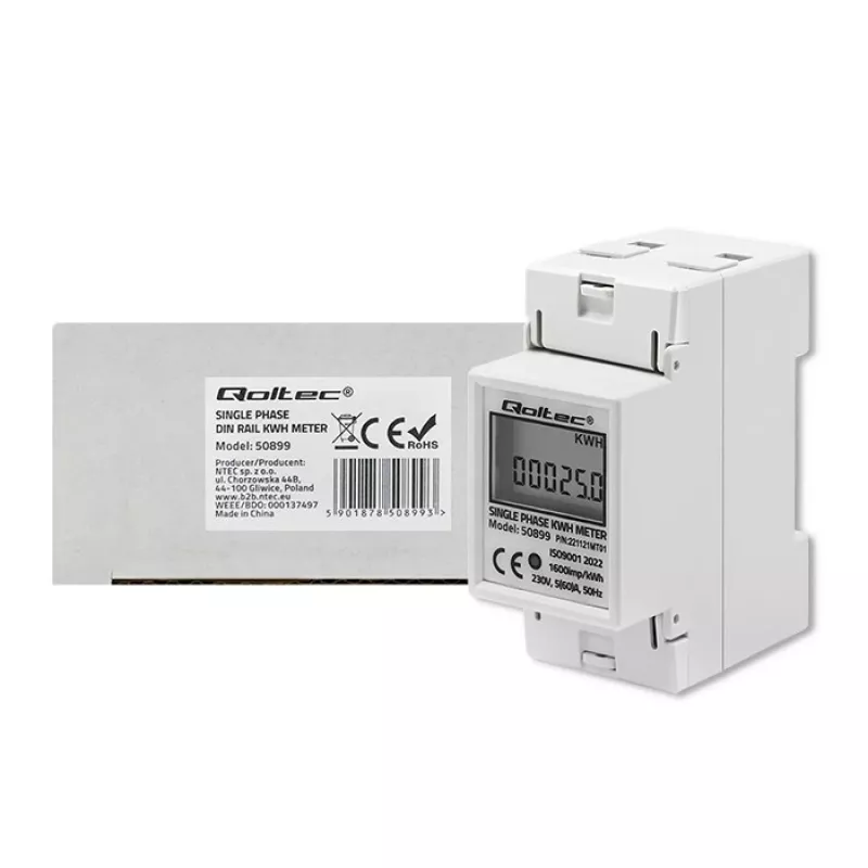 Ühefaasiline energiakulumõõtur QOLTEC 50899 230 V 50 Hz, 5(60)A, klass 1.0, LCD