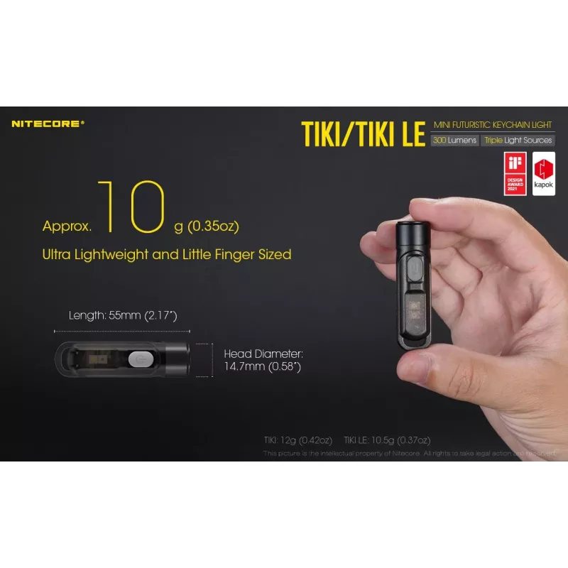 Käsitaskulamp Nitecore TIKI LE — 300 lm, USB-laetav, polükarbonaat, IP66, põrutuskindel, 10,5 g, 55 mm, Must