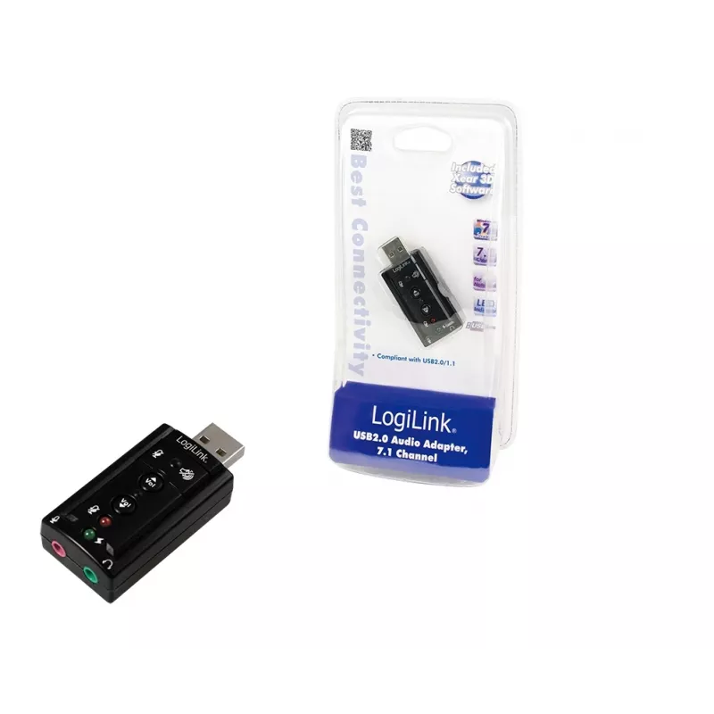 Väline USB-helikaart LOGILINK UA0078, 7.1 kanal, USB-liides, kompaktne 124×194×34 mm, 80 g