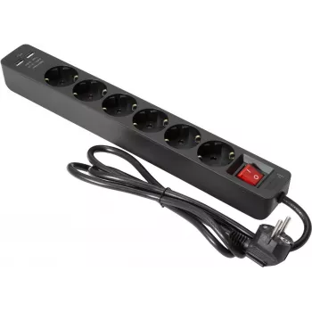 Pikendusjuhe EUROLITE ON-1 6 pesaga ja 2 USB-pordiga, liigpingekaitsega toitepikendus
