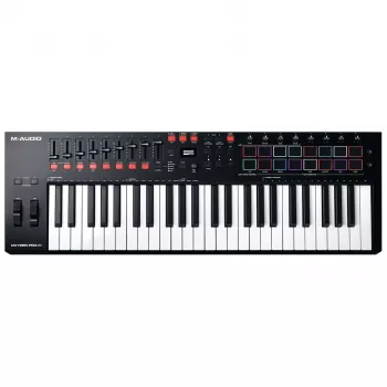 M-Audio Oxygen Pro 49 MIDI klaviatuurkontroller — 49 klahvi, 16 padja, 9 faderit, OLED-ekraan, USB, MIDI-väljund