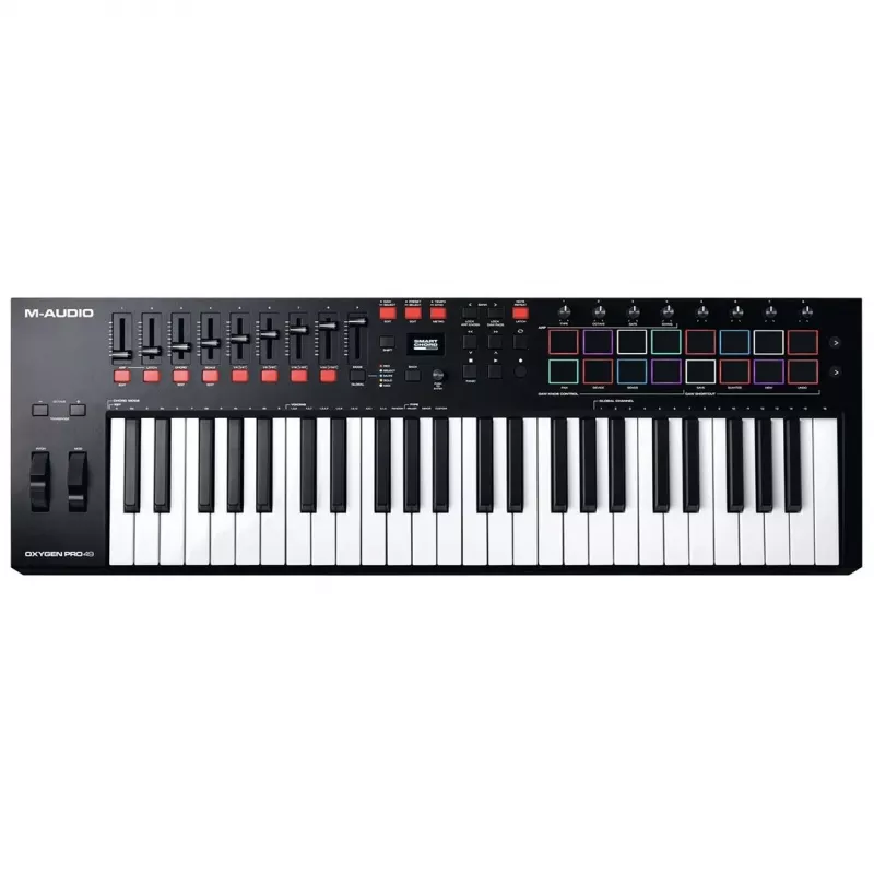 M-Audio Oxygen Pro 49 MIDI klaviatuurkontroller — 49 klahvi, 16 padja, 9 faderit, OLED-ekraan, USB, MIDI-väljund