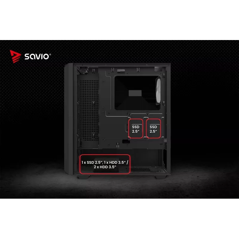 PC kuubikujuline korpus SAVIO Noctis Glass RGB — must, ATX/Micro-ATX, 210×410×450 mm, 3×120 mm esiventilaatorid