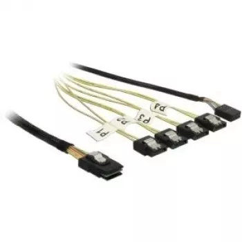 Sisemine Mini SAS kuni 4×SATA kaabel DELOCK 0,5 m — Mini SAS SFF-8087 kuni 4×SATA 7p, must/hõbedane/kollane