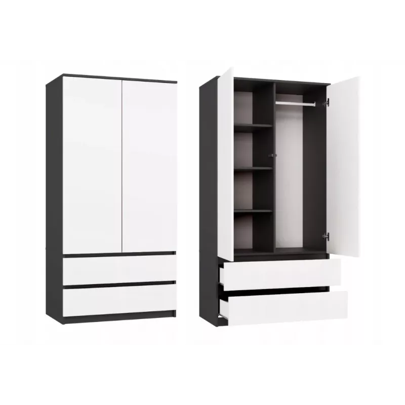 Rõivakapp top e shop MALWA SS-90, 90×180×50 cm, antratsiitkarkass, valged hingedega uksed, 2 sahtlit, laminaat 16 mm