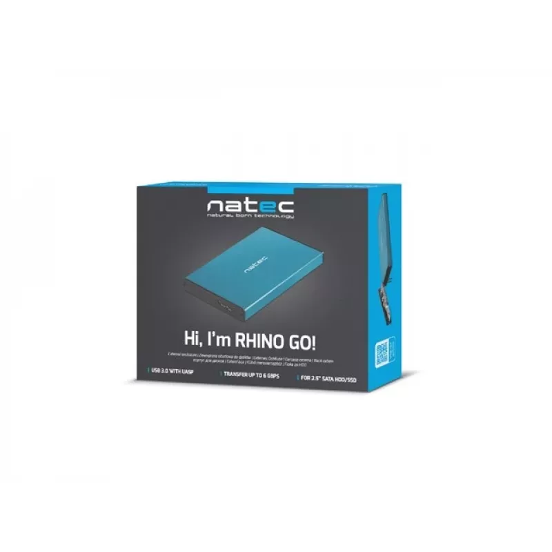 Väline HDD/SSD korpus NATEC Rhino GO 2.5 tolli — USB 3.0, SATA III, kuni 4 TB, 9.5 mm, alumiinium, sinine