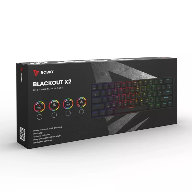Mehaaniline mänguriklaviatuur SAVIO MustOUT X2 PEACH — 61 klahvi, 60%, QWERTY, RGB LED, hot-swap, USB Type-A/USB-C, eemaldatav kaabel