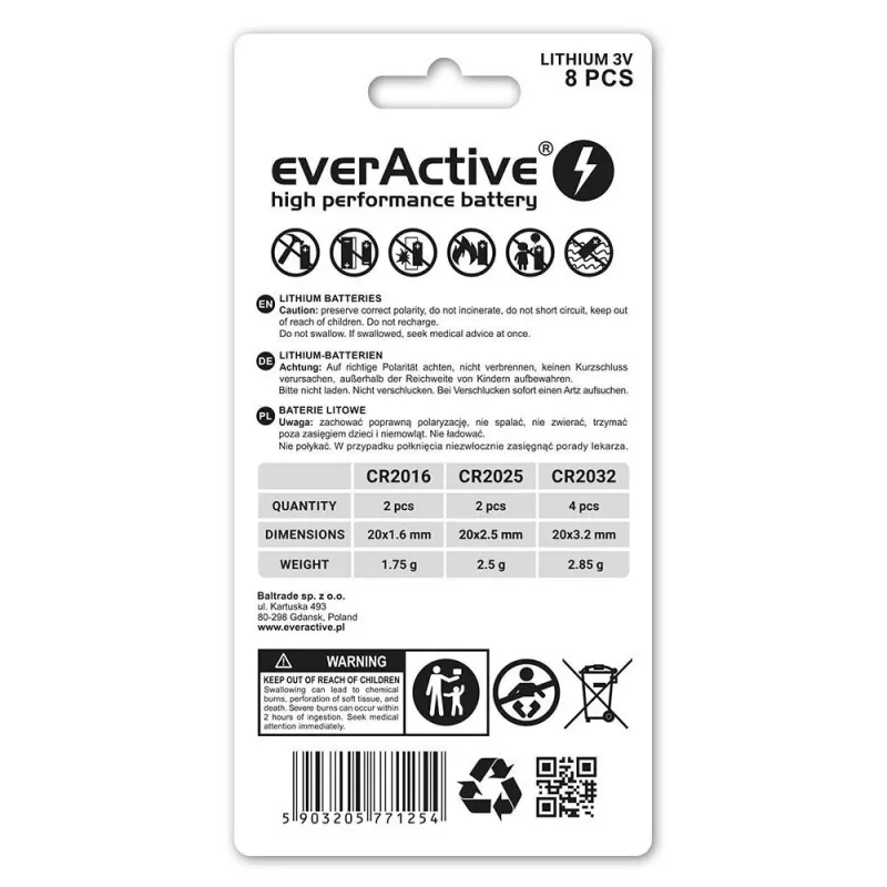 8-liitiumpatareide komplekt everActive 4 x CR2032, 2 x CR2025, 2 x CR2016