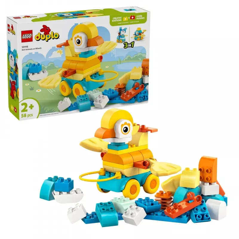 Mänguasjakomplekt LEGO DUPLO 3-in-1 Loomad ratastel 10448 — DUPLO ehita-ja-mängi loomad, 58 tk, vanus 2+