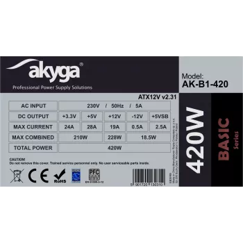Akyga Basic AK-B1-420 ATX toiteplokk 420 W, 120 mm ventilaator, passiivne PFC, hall