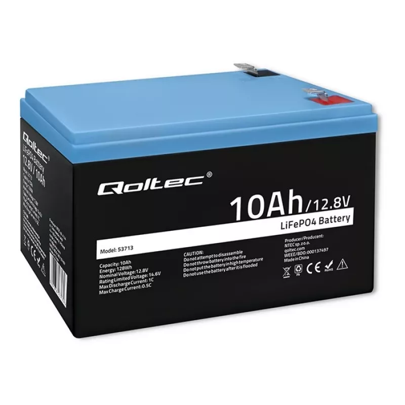 Laetav LiFePO4 aku QOLTEC 10Ah 12.8V 128Wh sisseehitatud BMS-iga