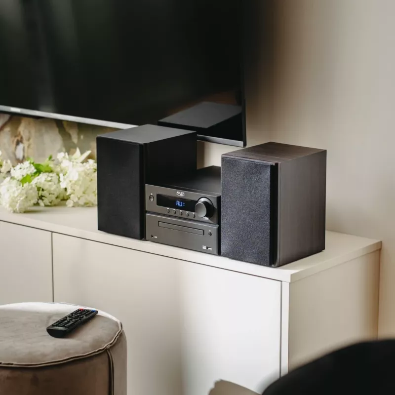 Mini Hi‑Fi stereosüsteem Adler AD 1917 — Bluetooth V5.3, CD/USB/MP3, 2×25W RMS, FM-tuuner, 4‑ribaline ekvalaiser, AUX, must