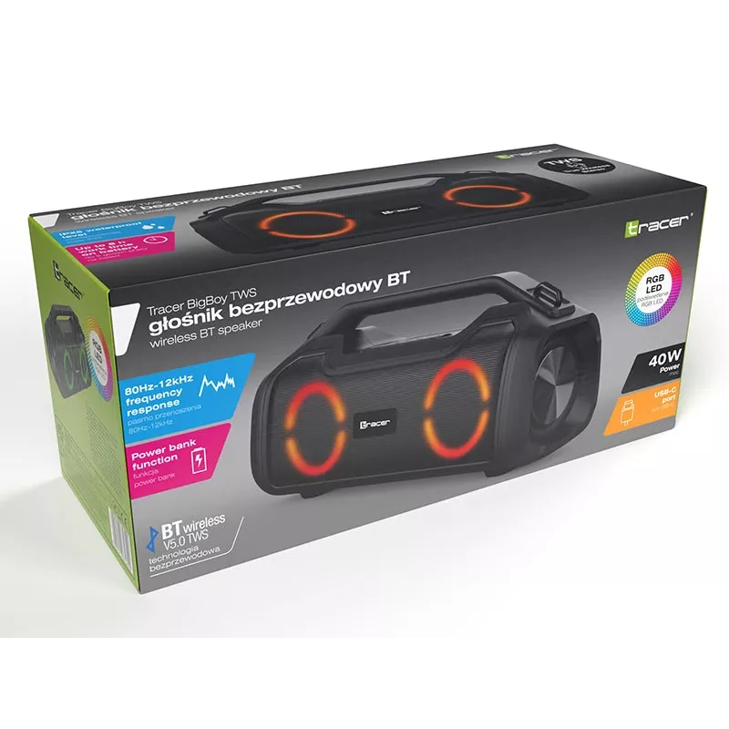 Stereo portable speaker TRACER BigBoy TWS Bluetooth 40W RMS, Bluetooth 5.3, 12h battery, Must