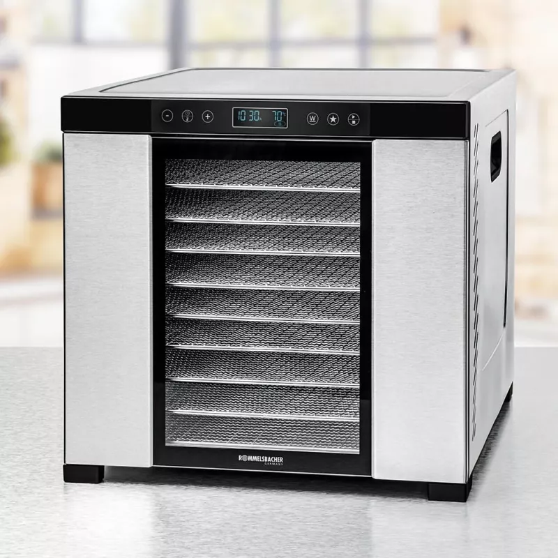 Toidukuivati Rommelsbacher DA1050, roostevaba teras, 5-aluseline (10 roostevabast terasest alust), reguleeritav 35–75 °C, 99 h taimer, 1,6 m² kuivatuspind