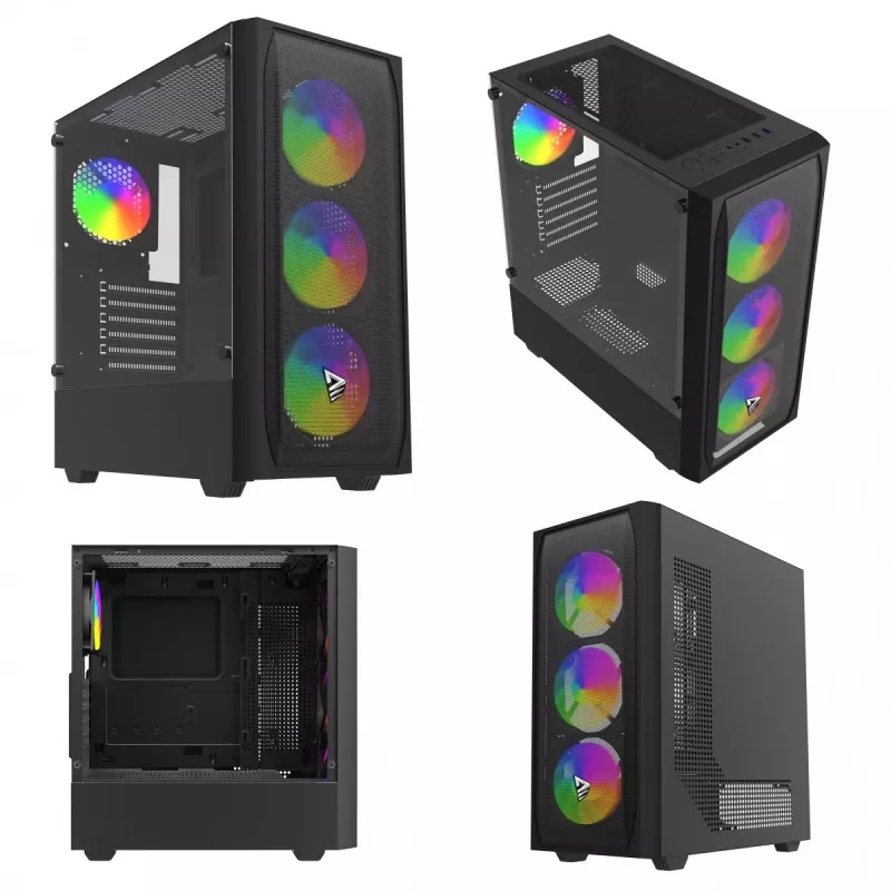 Arvutikorpus SAVIO Noctis Flow RGB — Kuubik, ATX/Mini-ITX, 3x 120 mm esiventilaatorit, karastatud klaasist külg, max GPU 35 cm