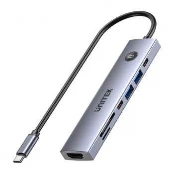USB-C jaotur Unitek H1124AGY01 100W PD, HDMI 2.0, 2x USB‑A, 2x USB‑C, SD/microSD lugejaga — alumiinium