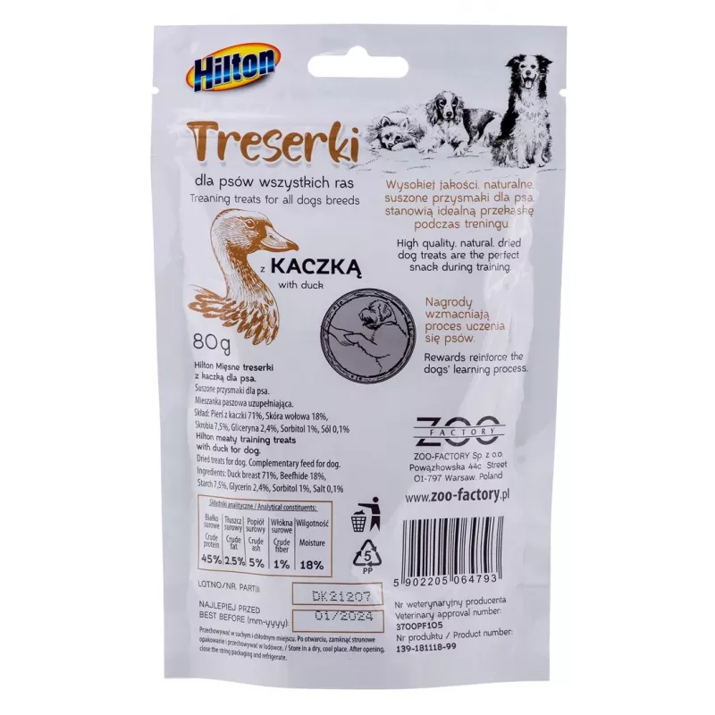 Koerte treeningpreemiad Hilton Treaning Treats Duck 80 g — pardimaitselised pehmed treeningsuupisted