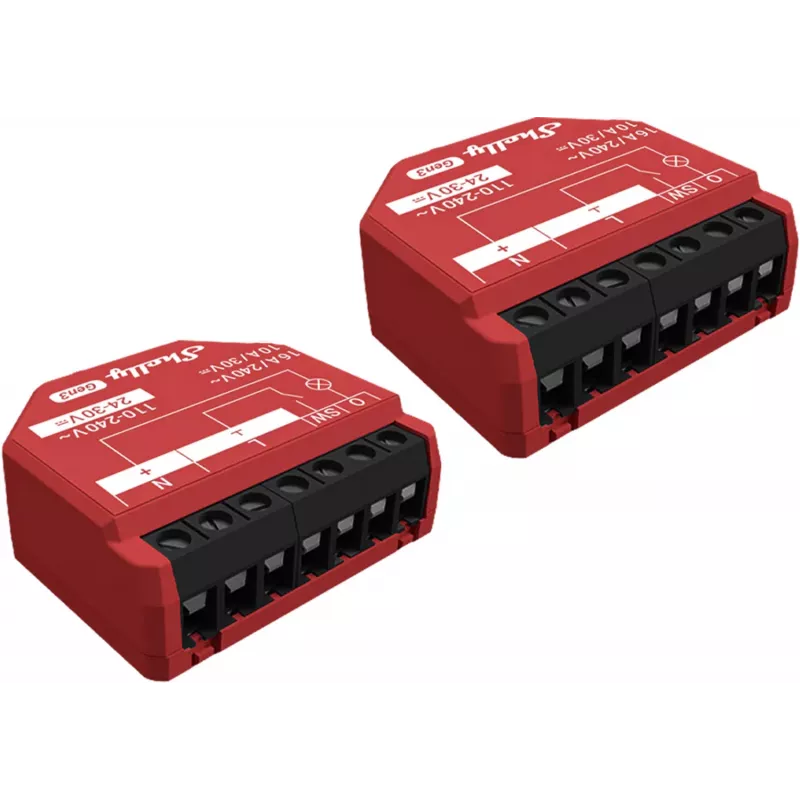 Nutikas lüliti Shelly SHELLY_1PM_GEN3_2ER — juhtmevaba 110–240V, 1,2W tarbimine, max 240V, plastkorpus, 42×16×37 mm, 2 tk pakendis