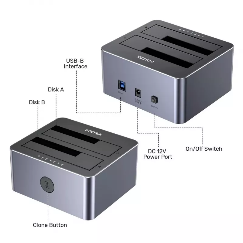 Unitek Kloonimisjaam 2X SATA 2,5/3,5 USB 5GB