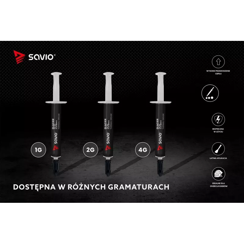 Termopasta SAVIO TG-03 1 g — 13,5 W/m·K, hall, komplektis aplikaator ja spaatel