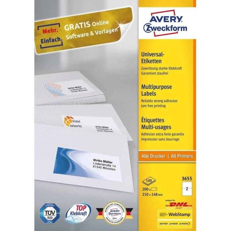 Avery 3655 isekleepuv silt Ristkülikukujuline Püsiv Valge 200 tk