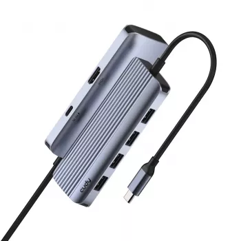 USB-C jaotur Cudy UH500 — USB 3.2 Gen 1 USB-C host, 6 porti, sh USB 3.2 Gen 1 Type-A ja HDMI, 5000 Mbit/s, hall/hõbedane