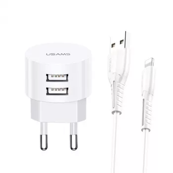 usams laadija T20 2x USB 2.1A koos Lightning-kaabliga — kaasaskantav USB seinaküülik