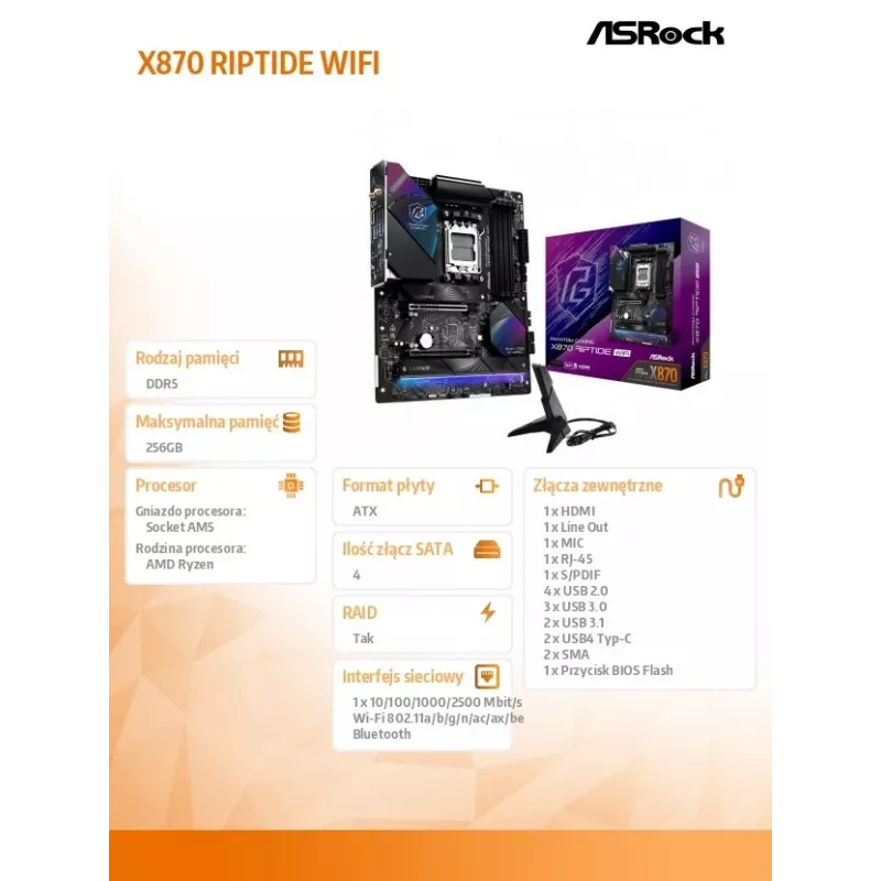 Emaplaat ASRock X870 Riptide WiFi — ATX, AMD X870, Socket AM5, DDR5, 4 DIMM, 256 GB, Wi‑Fi 7, 2.5GbE