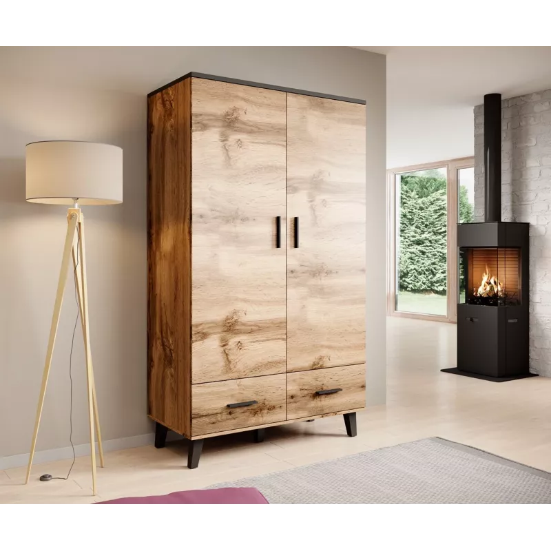 Cama meble LOTTA 2D2D riidekapp, 2 uksega, Wotan tamme raam, matt mustad esiküljed, 1100×550×1900 mm