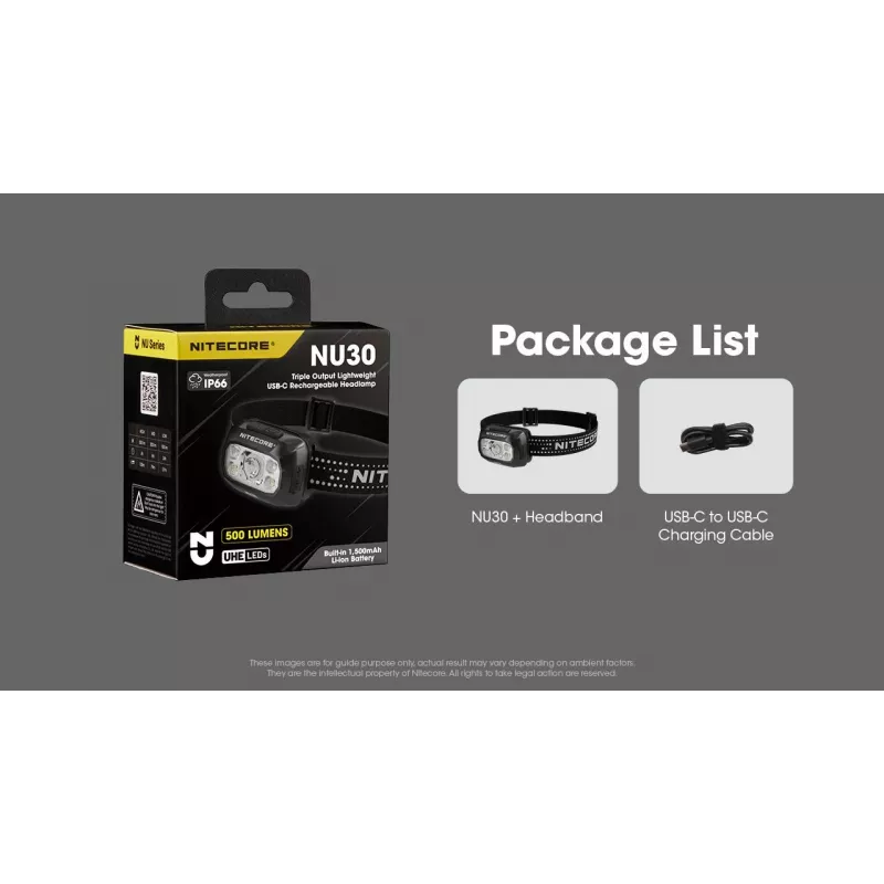 Pealamp Nitecore NU30 — kompaktne kantav LED-pealamp, kuni 500 luumenit, mitu väljundtaset, punase valguse režiim