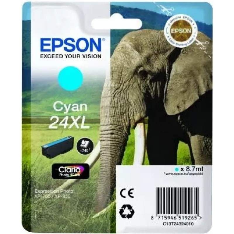Epson Elephant Singlepack tsüaan 24XL Claria Photo HD tint, tsüaan, 1 tk