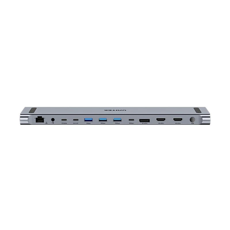 KVM-lüliti Unitek D1106AGY01 USB-C Triple 4K dokkimisjaam KVM-iga, 3x USB-A, 5x USB-C, HDMI×2, DP×1, RJ-45, SD-lugeja, 3840×2160@60Hz, alumiinium