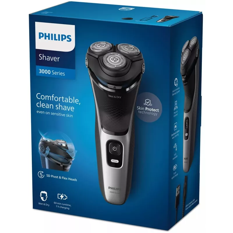 Elektriline pardel Philips 3000 Series S3143/00 — 3-pealine pöörlev, märg ja kuiv, Li-Ion, 60 min tööaeg