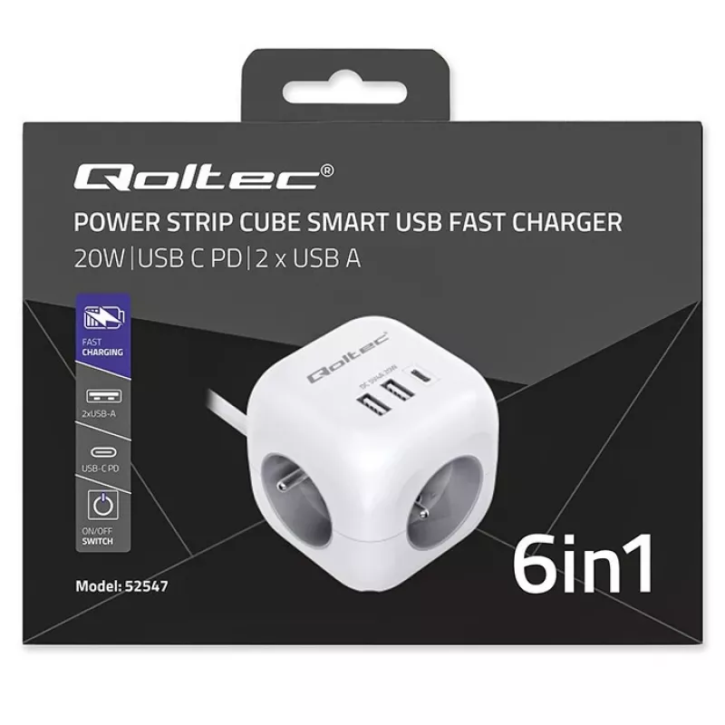 Toitepistik QOLTEC 52547 3× vahelduvvoolupistikupesa, 2× USB-A, 1× USB-C PD 20W
