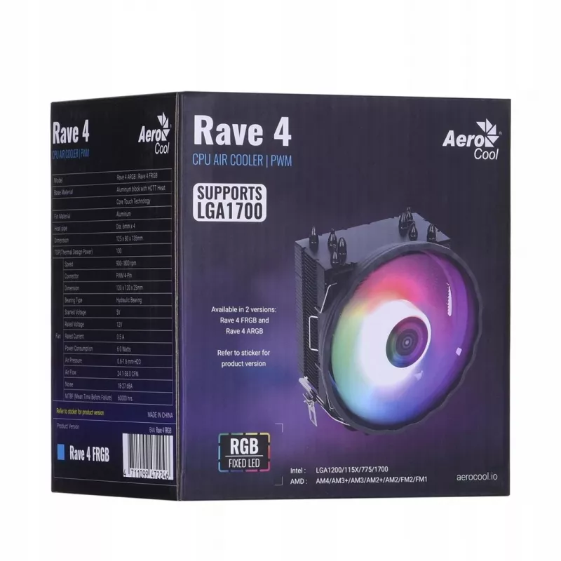 Protsessorijahuti AEROCOOL PGS Rave 4 FRGB 120 mm ventilaator, 4 soojustoru, ARGB, 120×25 mm, 1800 p/min, 12 V, 0,5 A