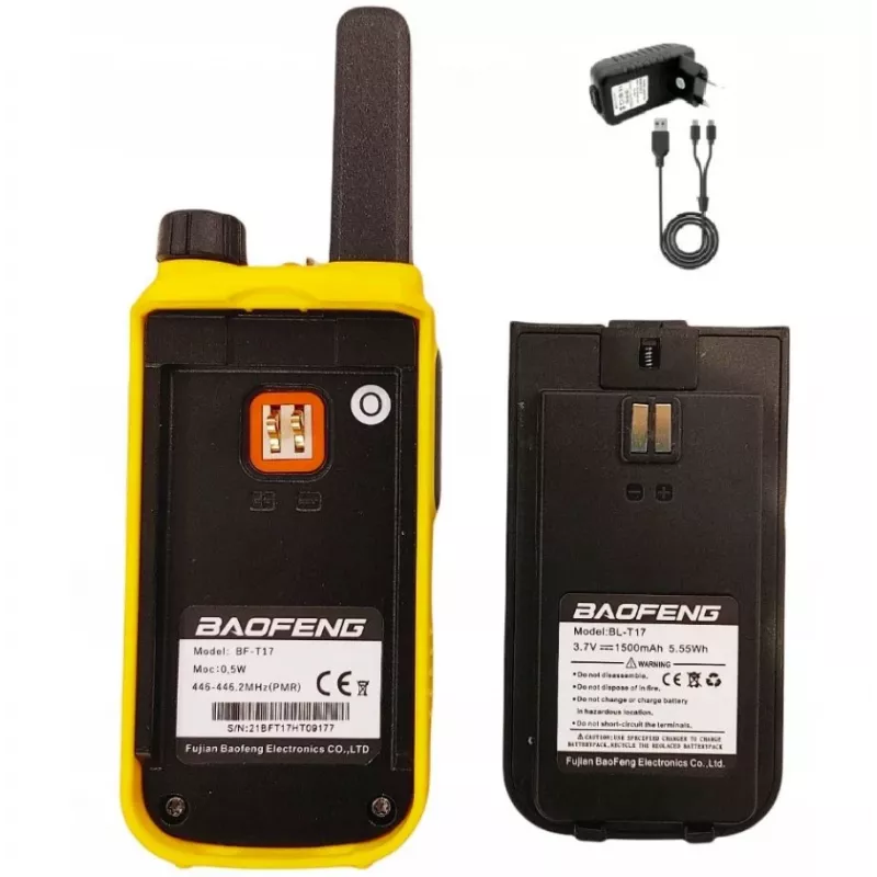 Käsiraadio Baofeng BF-T17 — laste raadiosaatja, 16 kanalit, 5 W, 400–470 MHz, 1500 mAh aku, kollane