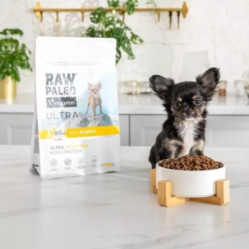 Kuiv koeratoit VETEXPERT Raw Paleo Ultra Mini Puppy Turkey 750 g — väikest tõugu kutsikatele mõeldud graanulid, 30% valku, 14% rasva
