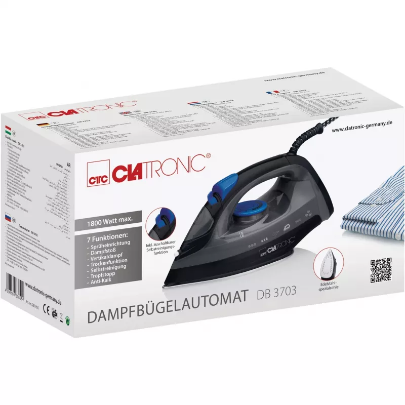 Triikraud CLATRONIC DB 3703 — Kuiv- ja aurutriikraud, roostevabast terasest tallaga, 1800 W, must/hall