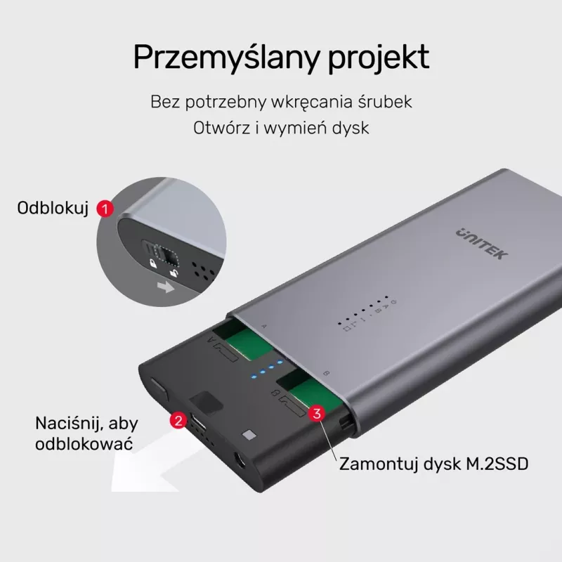 SSD-korpus Unitek S1206A kahele M.2 NVMe PCIe Gen3 x4 kettale, USB 3.2 Gen 2 (10 Gbit/s), alumiinium, USB-C, sisaldab toiteplokki