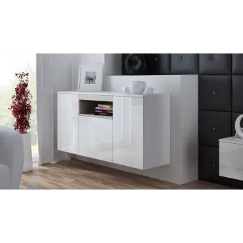 Külgpuhvet Cama Meble VIVA 150 — valge/valge läikiv ja sonoma tamm, 3 ust, 5 riiulit, 1500×450×800 mm