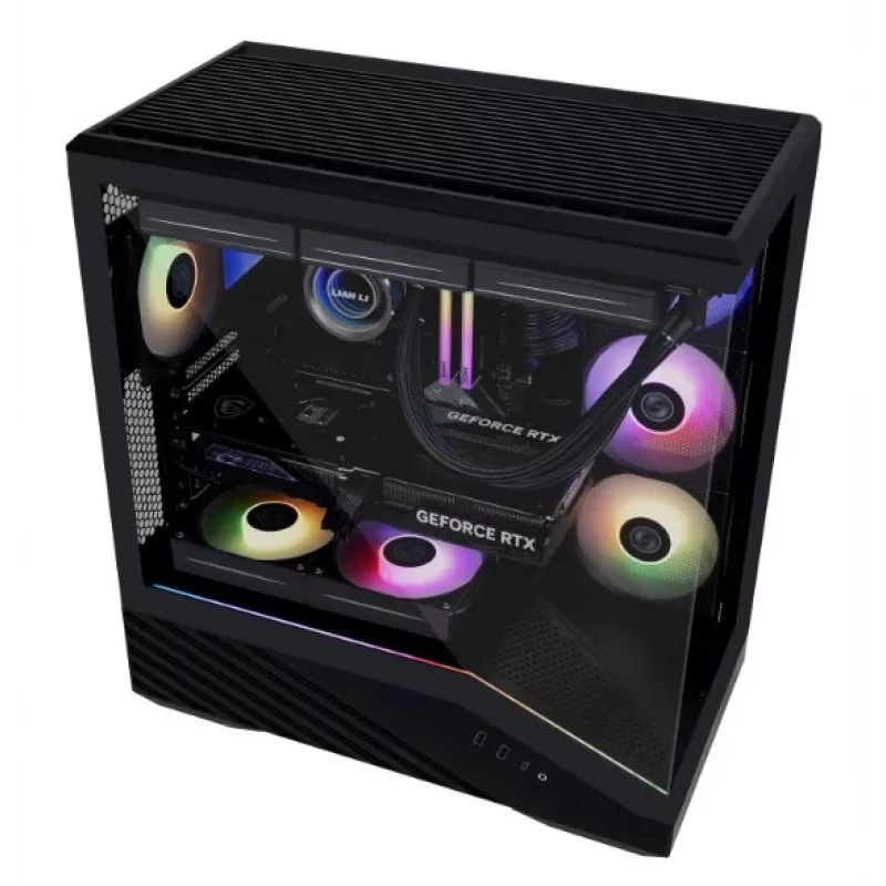 Lian Li Vector V100 Midi Tower — Must läbipaistva paneeliga, toetab 3×120 mm külje- + 1×120 mm tagumist ventilaatorit, 3,5-tolline HDD, 2,5-tolline SSD, 235,5×446×484,6 mm