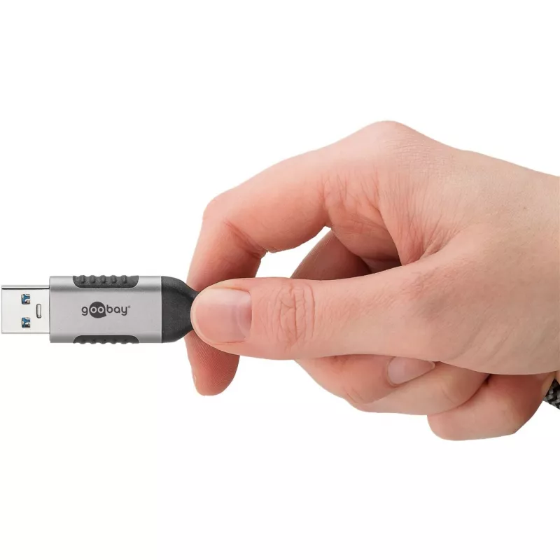 Ethernet-kaabel USB-A 3.2 Gen1 pistik > RJ-45 pistik, LAN-adapter must/hõbedane, 1,5 meetrit, punutud tekstiilümbrisega