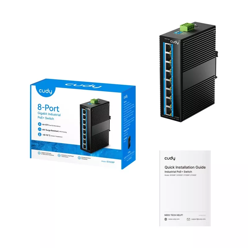 Haldamata Gigabit Ethernet PoE lüliti Cudy IG1008P — 8× Gigabit (10/100/1000), PoE, 48–57 V, 20 Gbit/s, 8000 MAC, seinale kinnitatav, must