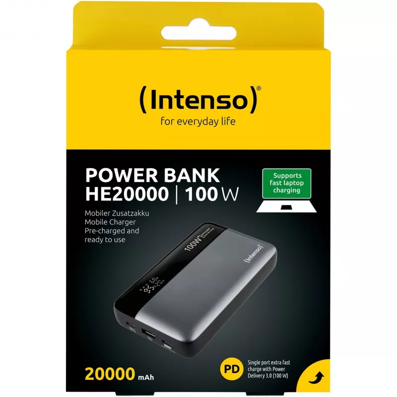 Akupank INTENSO 7350050 — 20000 mAh, 1× USB-A + 2× USB-C, 100 W koguväljundvõimsus, must/hall