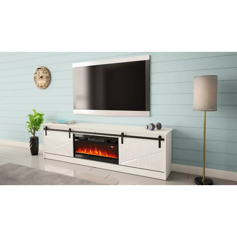 Telerikapp integreeritud elektrikaminaga Cama Meble GRANERO mudel RTV GRANERO + KOM B/B, 200x56.7x35 cm, valge/läikvalge, 2 ust, 2 riiulit, MDF/puitlaastplaat