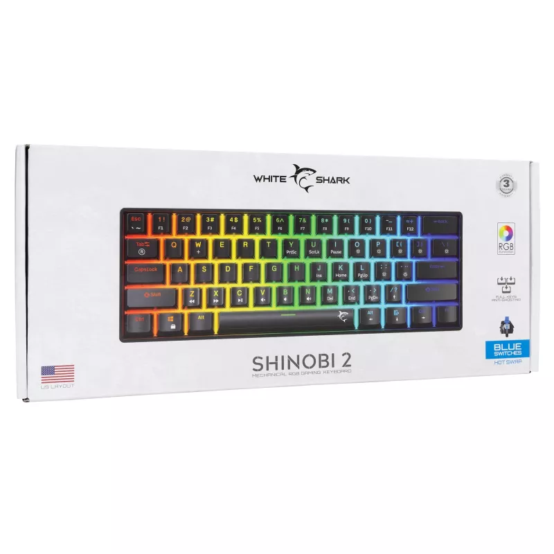 Mehaaniline klaviatuur White Shark Shinobi-2 Blue Switch Must US layout